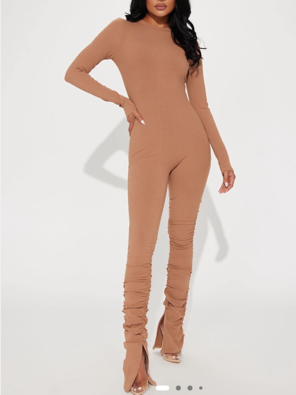 Fashion Nova Ribbed Long-Sleeve Jumpsuit - Tan